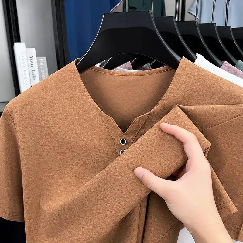 New Men's Casual and Fashionable Three Button V-neck Solid Color Short Sleeved T-shirt Summer Versatile Top