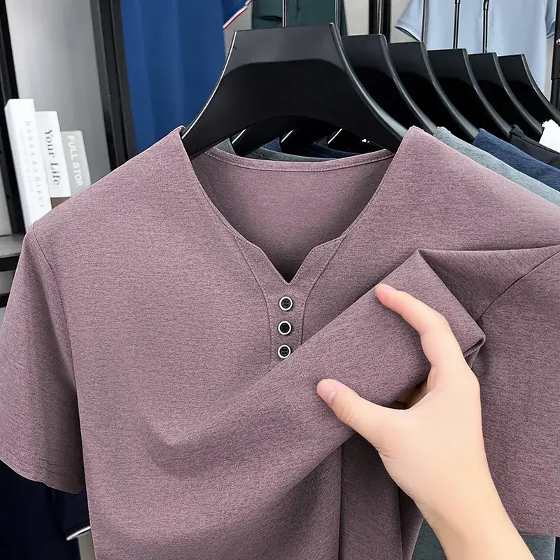 New Men's Casual and Fashionable Three Button V-neck Solid Color Short Sleeved T-shirt Summer Versatile Top