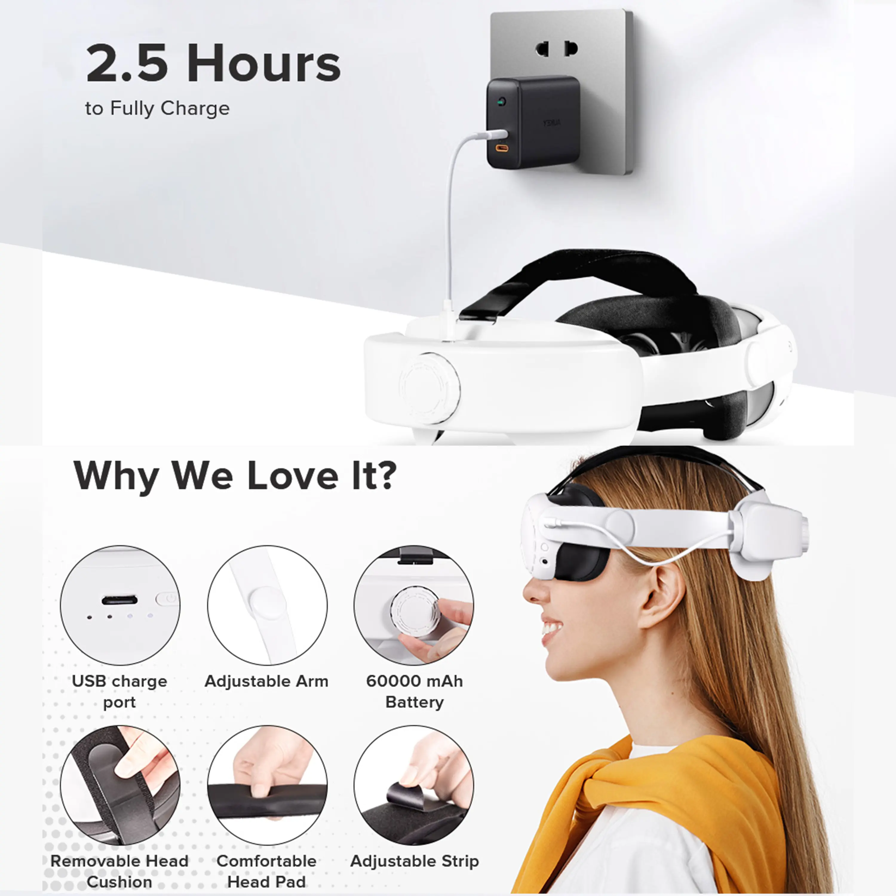 Adjustable Head Strap for Oculus Quest 2/3 VR Headset Charging Elite Strap 6000mAh Battery for Meta Oculus Quest 3S Accessories