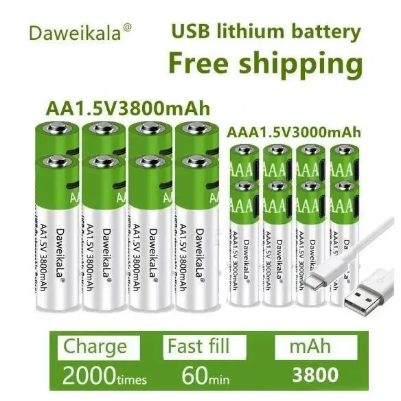 1.5V AA 3800mAh,AAA 3000mAh rechargeable battery USB lithium large capacity mouse fingerprint lock handle quickly charged