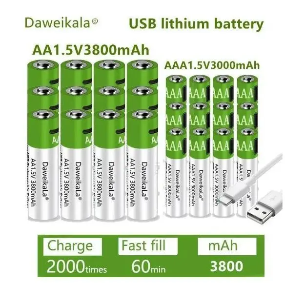 1.5V AA 3800mAh,AAA 3000mAh rechargeable battery USB lithium large capacity mouse fingerprint lock handle quickly charged