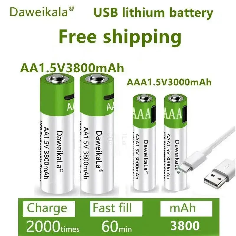 1.5V AA 3800mAh,AAA 3000mAh rechargeable battery USB lithium large capacity mouse fingerprint lock handle quickly charged