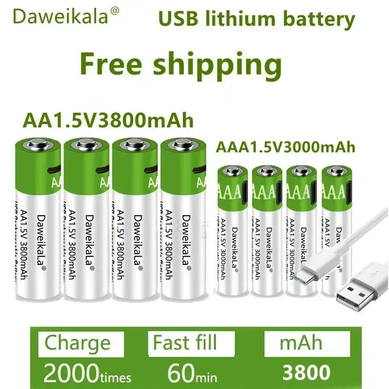 1.5V AA 3800mAh,AAA 3000mAh rechargeable battery USB lithium large capacity mouse fingerprint lock handle quickly charged
