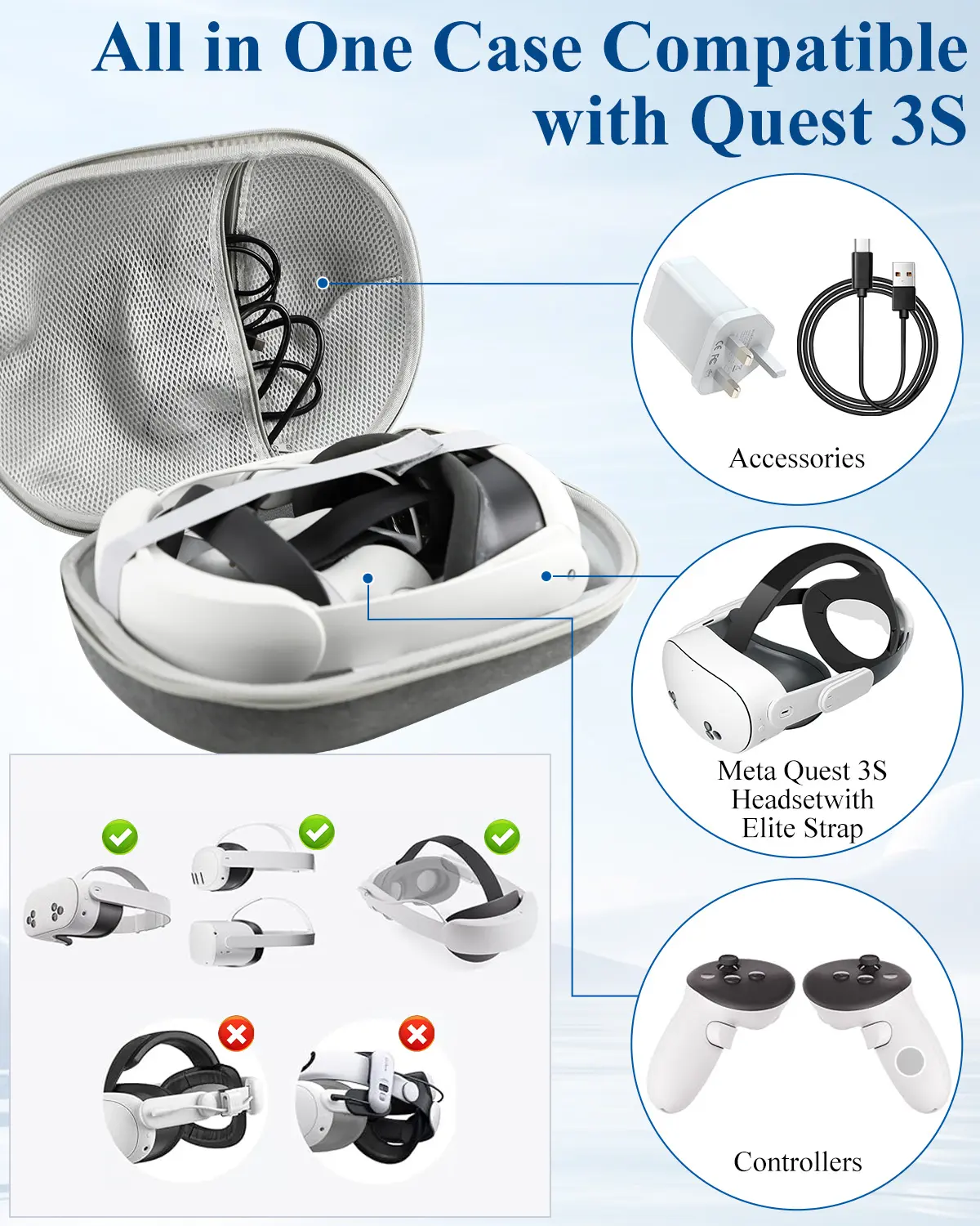 For Meta Quest 3s Head mounted Storage Bag, Handheld EVA Protective Bag, Quest 3 Universal VR Storage Bag