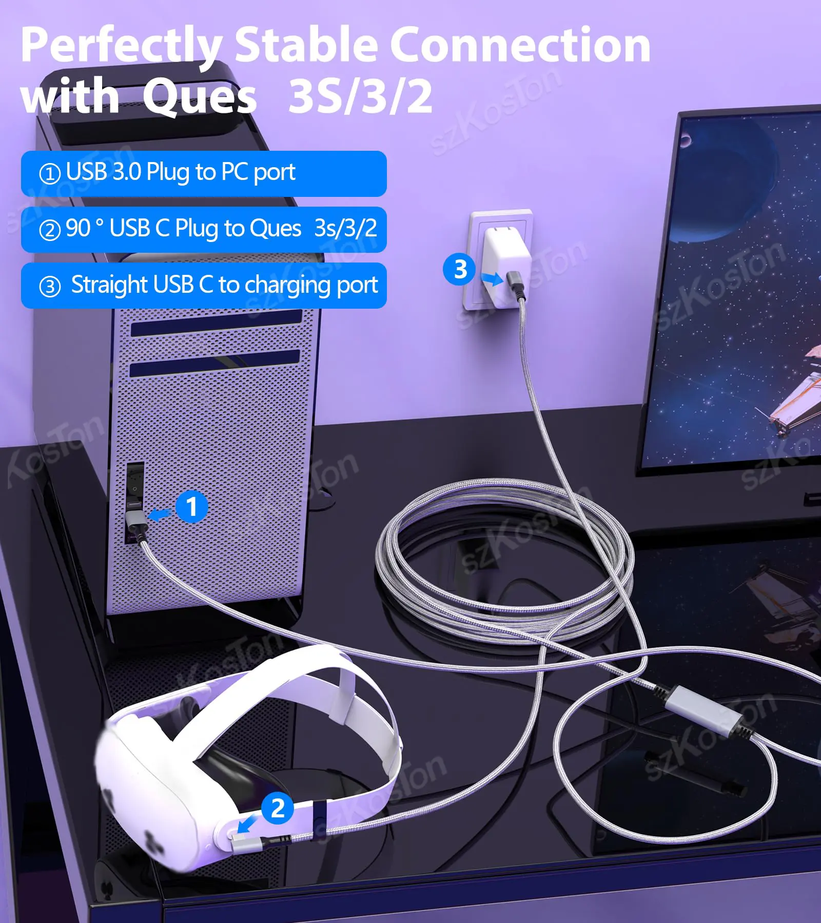 Universal USB3.2 Gen1 VR Link Cable for Meta Quest 3S, Quest 3 PICO 4 VR Headset Fast Charging Data Transfer Cord Accessories