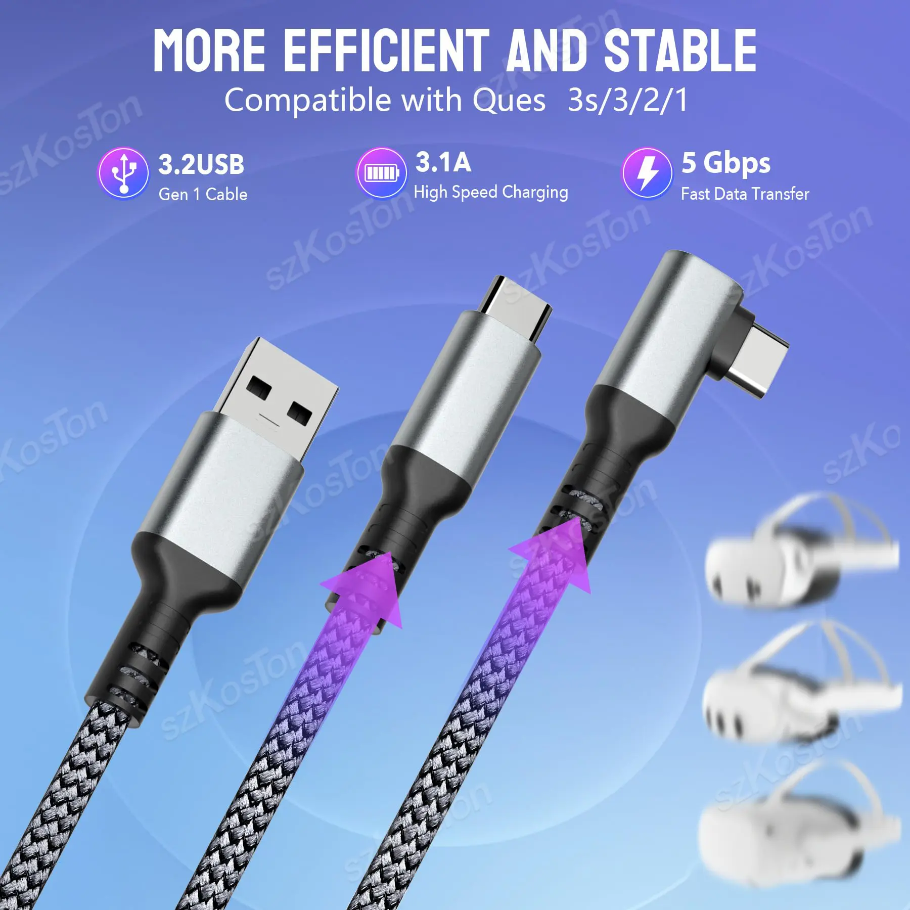 Universal USB3.2 Gen1 VR Link Cable for Meta Quest 3S, Quest 3 PICO 4 VR Headset Fast Charging Data Transfer Cord Accessories