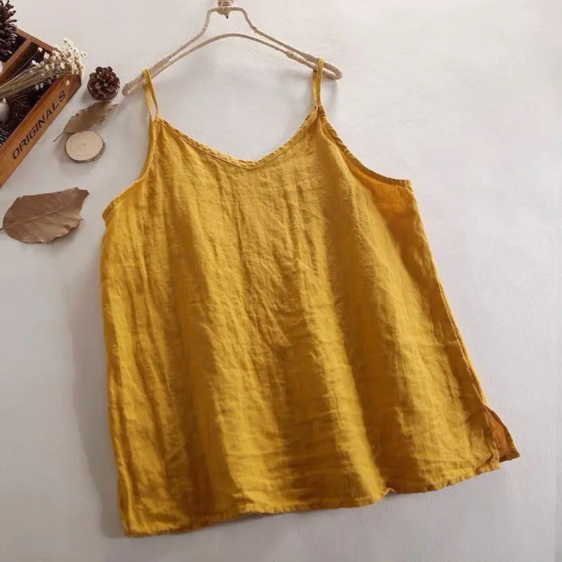 Summer Simple All-match Top Loose Thin Camisole Solid V-neck Vest Women Clothing Sleeveless Casual Highstreet Holiday T-shirt
