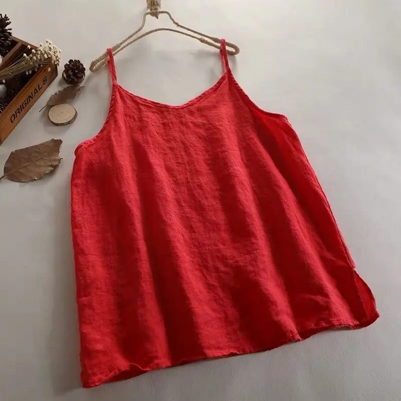Summer Simple All-match Top Loose Thin Camisole Solid V-neck Vest Women Clothing Sleeveless Casual Highstreet Holiday T-shirt