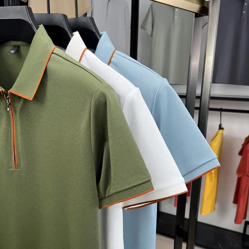 Men's Silk Zipper Polo Shirt Short Sleeve Mulberry T-Shirt Metal Zipper, Stand Collar Luxury Casual Summer Top Cotton&Linen Tee