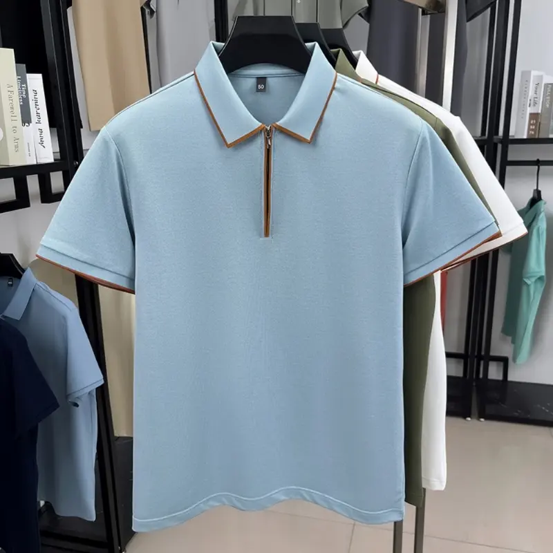 Men's Silk Zipper Polo Shirt Short Sleeve Mulberry T-Shirt Metal Zipper, Stand Collar Luxury Casual Summer Top Cotton&Linen Tee