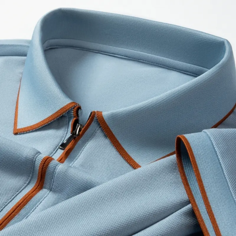 Men's Silk Zipper Polo Shirt Short Sleeve Mulberry T-Shirt Metal Zipper, Stand Collar Luxury Casual Summer Top Cotton&Linen Tee