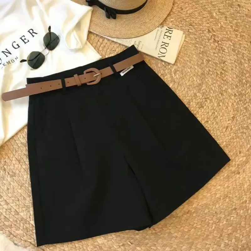 Chic Fashion Office Lady's Shorts With Belt Elegant Women's Straight Leg Shorts Korean Matching Basic Female New Wide Leg Shorts