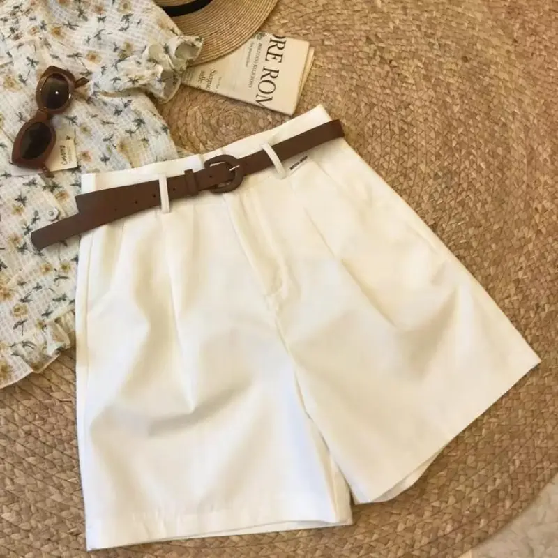 Chic Fashion Office Lady's Shorts With Belt Elegant Women's Straight Leg Shorts Korean Matching Basic Female New Wide Leg Shorts
