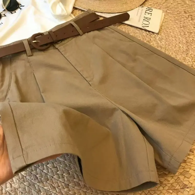 Chic Fashion Office Lady's Shorts With Belt Elegant Women's Straight Leg Shorts Korean Matching Basic Female New Wide Leg Shorts