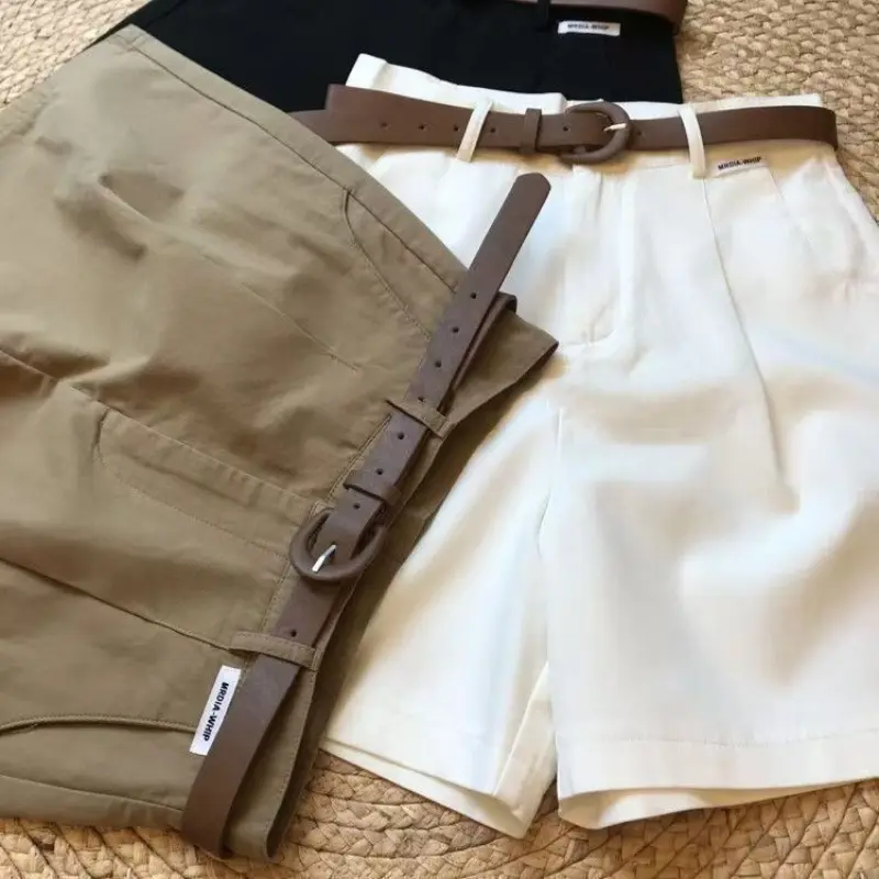 Chic Fashion Office Lady's Shorts With Belt Elegant Women's Straight Leg Shorts Korean Matching Basic Female New Wide Leg Shorts