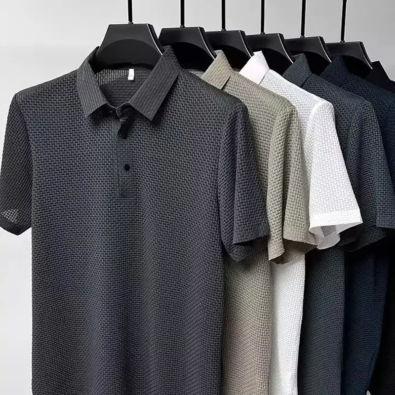 Summer New Men's Lop-up Hollow Short-sleeved Polo Tee Shirt Ice Silk Breathable Business Fashion T-Shirt Male Brand Clothes