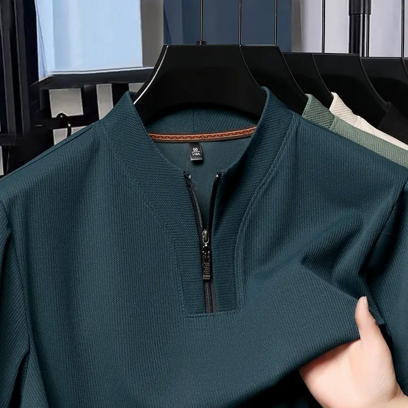 Half Zip Ice Silk Short Sleeved T-shirt for Men, Men's Lapel, 2025 Summer New Collection, Breathable Polo Shirt
