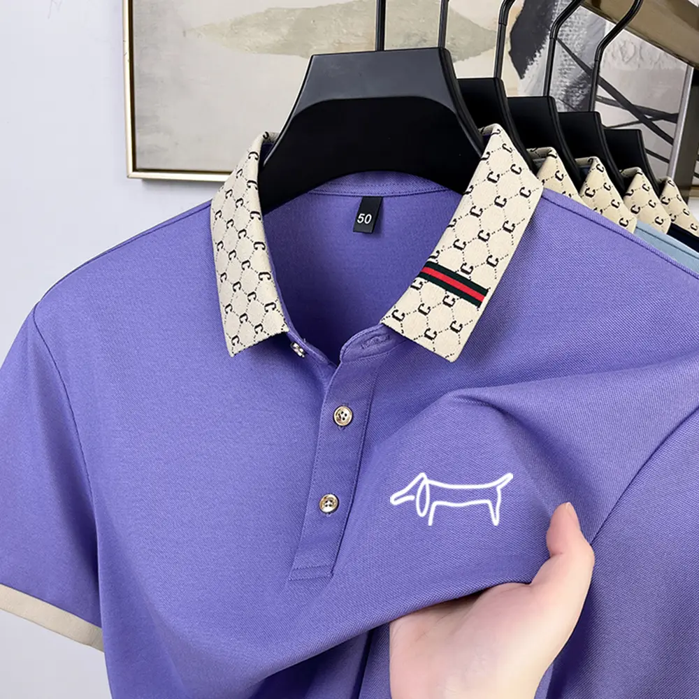 Men's summer high-end new silk short sleeved cartoon dog print pattern comfortable and refreshing Korean golf business T-shirt