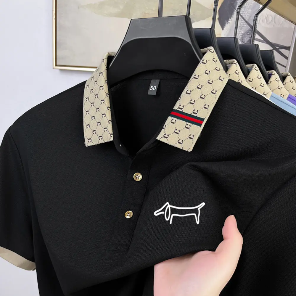 Men's summer high-end new silk short sleeved cartoon dog print pattern comfortable and refreshing Korean golf business T-shirt