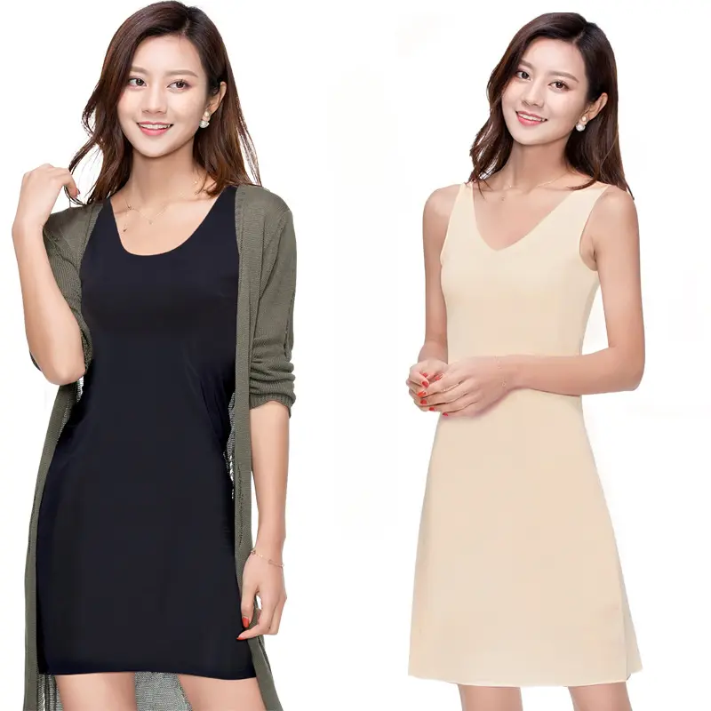 Seamless V-Neck Full Slips Dresses For Women Thin Ice Silk Summer Underskirt Dress Sleeveless Inner Vest Dress Plus Size M-3XL