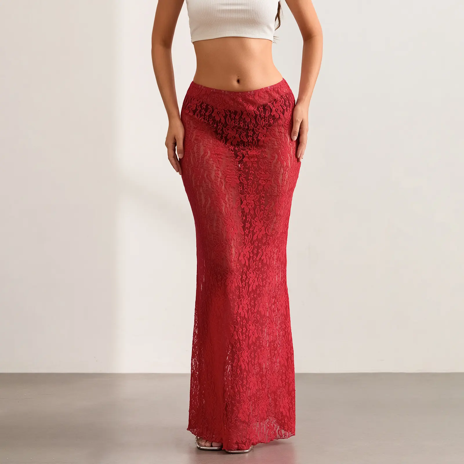 Women Sexy Sheer Lace Maxi Skirts Female Summer Boho See Through Bodycon Long Skirts for Party Club Streetwear Y2K Fairy Clothes