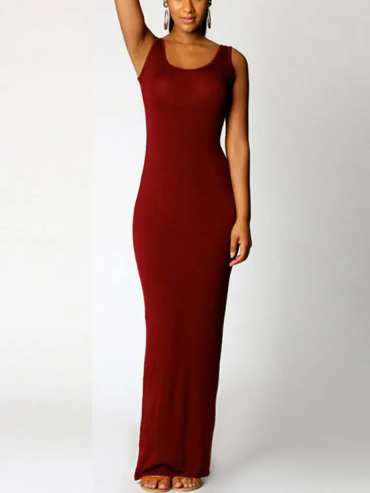 Sexy Solid Color Slim Bodycon Long Maxi Dress Women Elegant Sleeveless Skinny Dress Club Party Vestidos