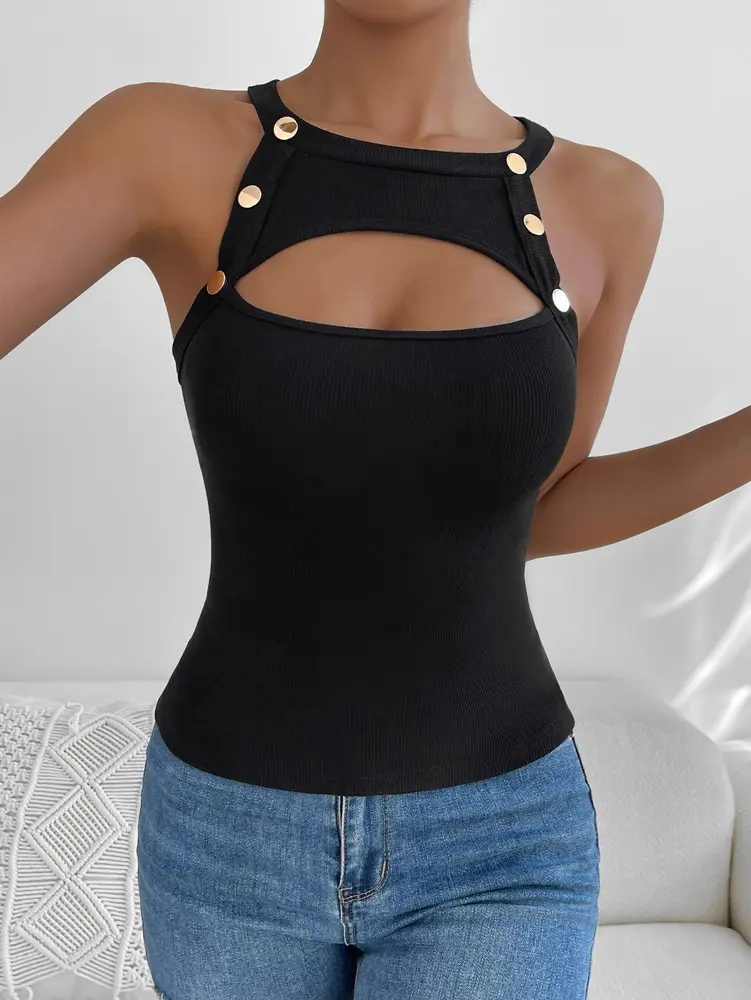 Plus Size 2025 Summer New Front Cutout Contrast Mesh Button Detail Vest Pure Colour Summer Best Choice
