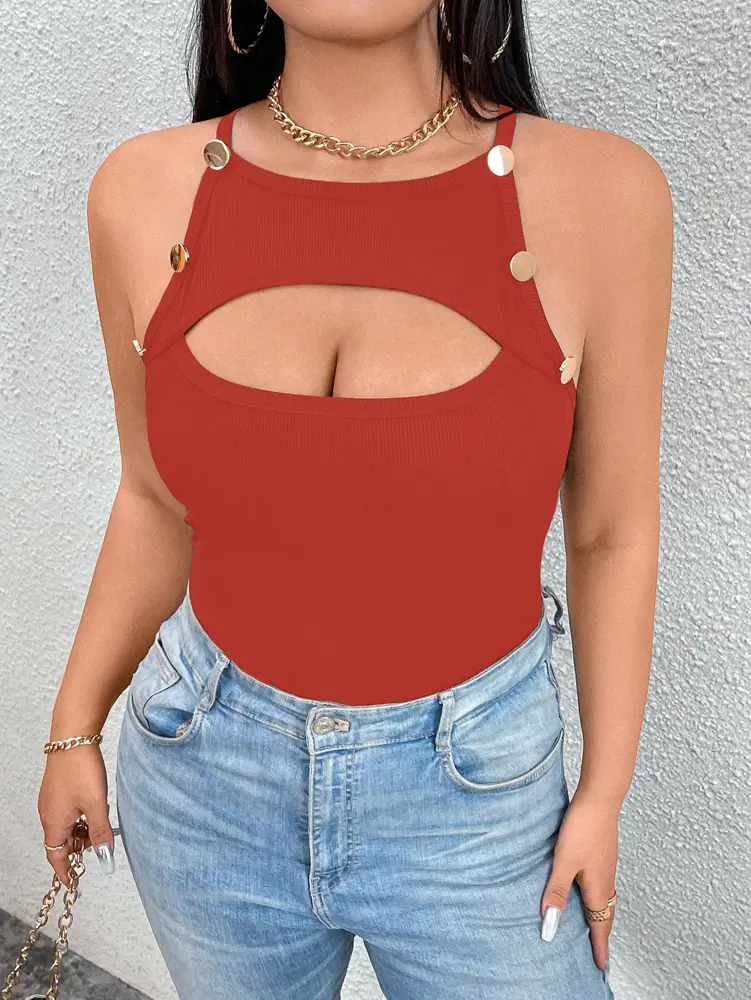 Plus Size 2025 Summer New Front Cutout Contrast Mesh Button Detail Vest Pure Colour Summer Best Choice