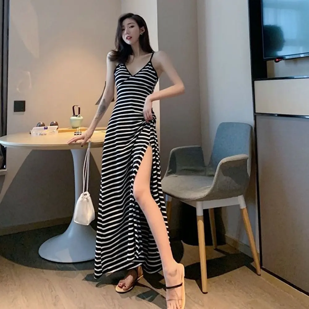 Black Sexy Dress Female High Waist Side Vent Maxi Dress Casual Sleeveless Backless V-Neck Retro Long Dress Sling