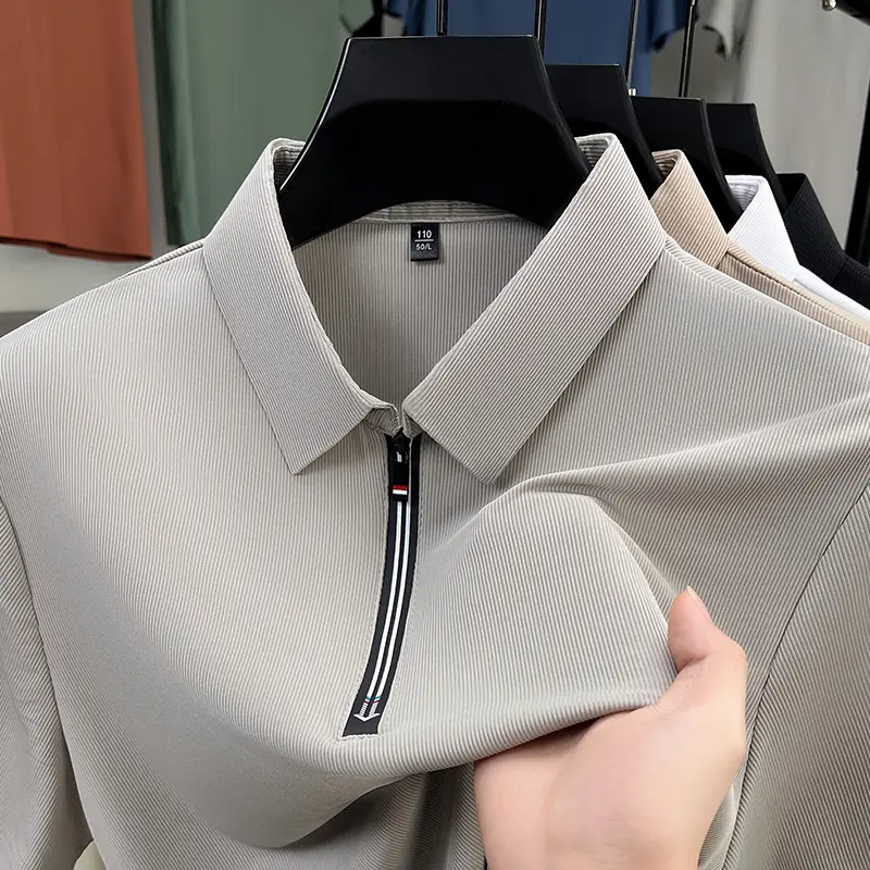 High-end Foreign Trade Men's Summer Short-sleeved Lapel Half-zip T-shirt for Middle-aged Men Solid Color All-match