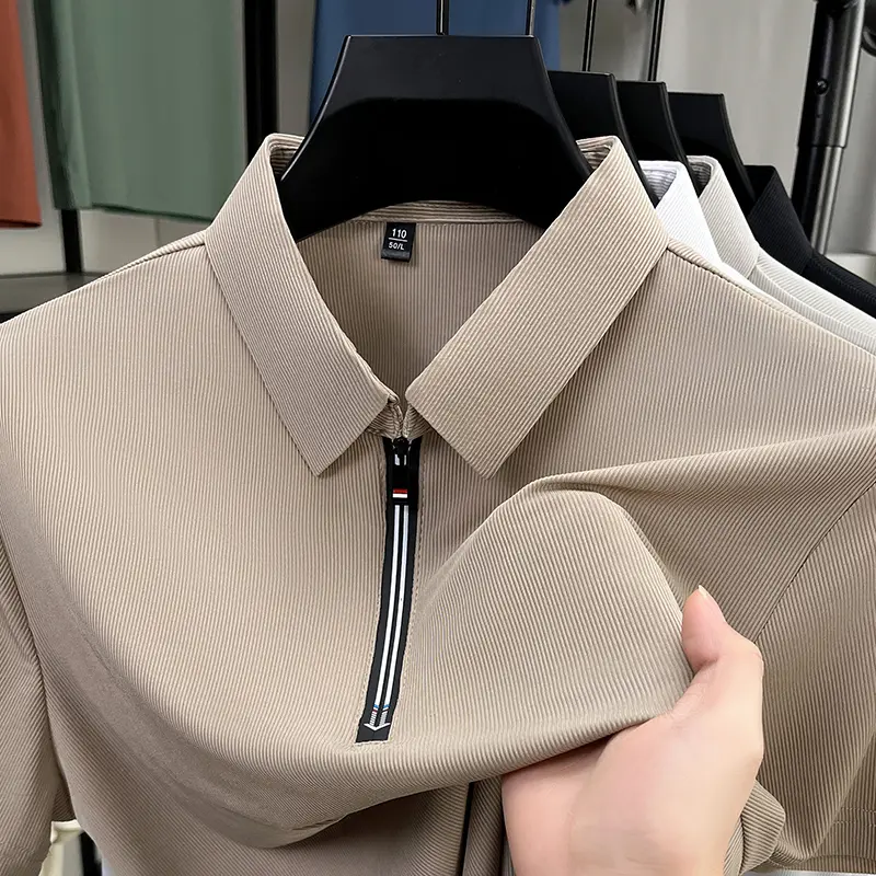 High-end Foreign Trade Men's Summer Short-sleeved Lapel Half-zip T-shirt for Middle-aged Men Solid Color All-match