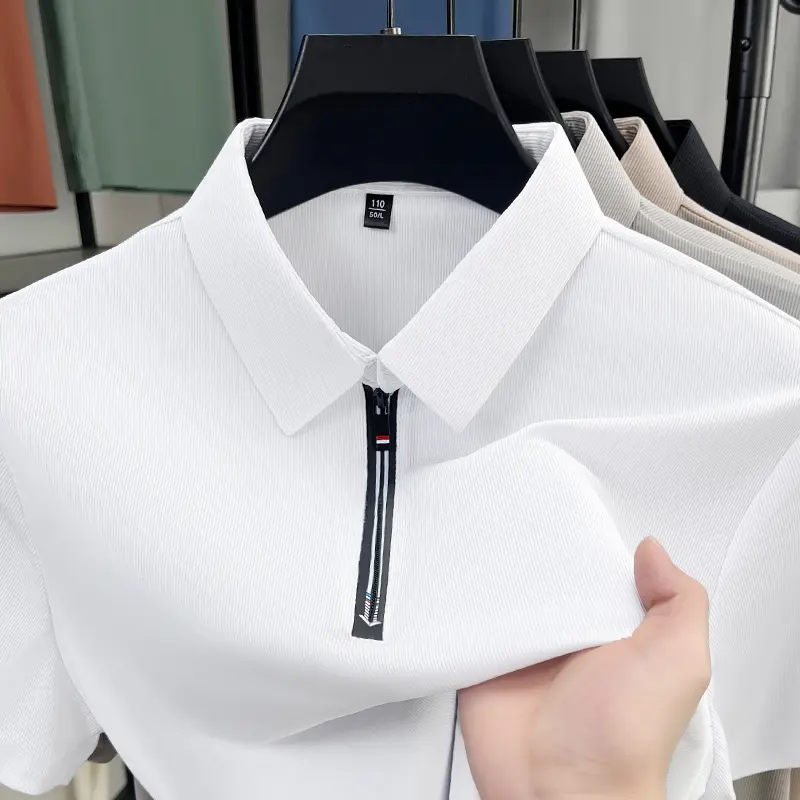 High-end Foreign Trade Men's Summer Short-sleeved Lapel Half-zip T-shirt for Middle-aged Men Solid Color All-match
