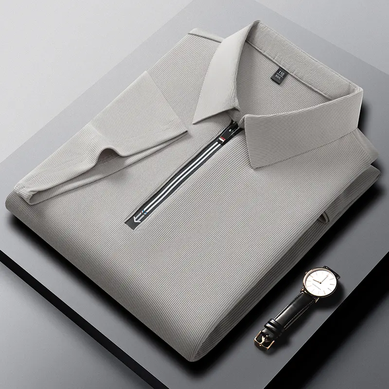High-end Foreign Trade Men's Summer Short-sleeved Lapel Half-zip T-shirt for Middle-aged Men Solid Color All-match