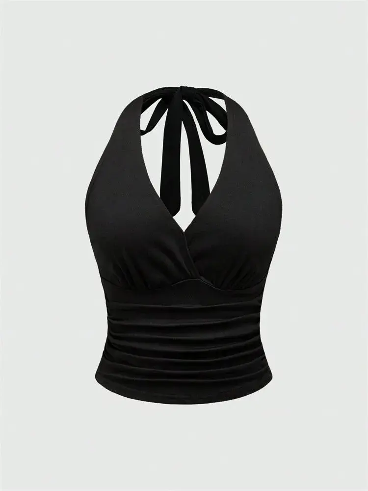 Leopard Printed V-neck Backless Halter Crop Top for Women Summer Sexy Y2K Sleeveless Ruched Top Streetwear