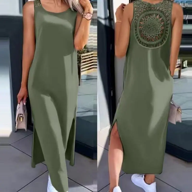 Summer Sleeveless Hollow Sexy Loose Dress Women Fashion Slit Solid Casual Dresses Women Round Neck Mid Length Slim Ladies Dress
