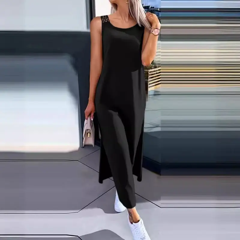 Hollow Out Solid Long Dress Women Fashion Sleeveless O-neck Maxi Dresses for Women New Summer Women's Slim Split Vestidos Black