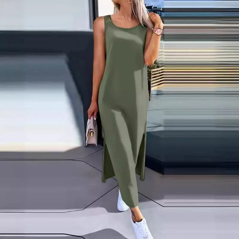Hollow Out Solid Long Dress Women Fashion Sleeveless O-neck Maxi Dresses for Women New Summer Women's Slim Split Vestidos Black