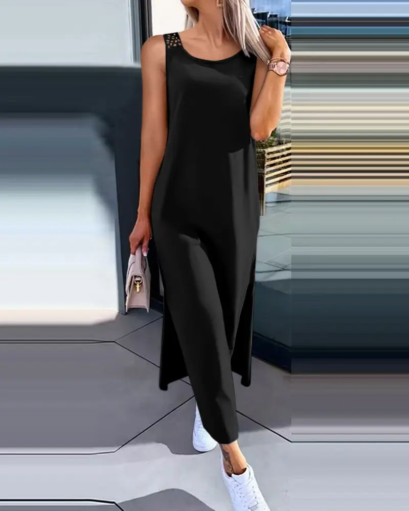 Hollow Out Solid Long Dress Women Fashion Sleeveless O-neck Maxi Dresses for Women New Summer Women's Slim Split Vestidos Black
