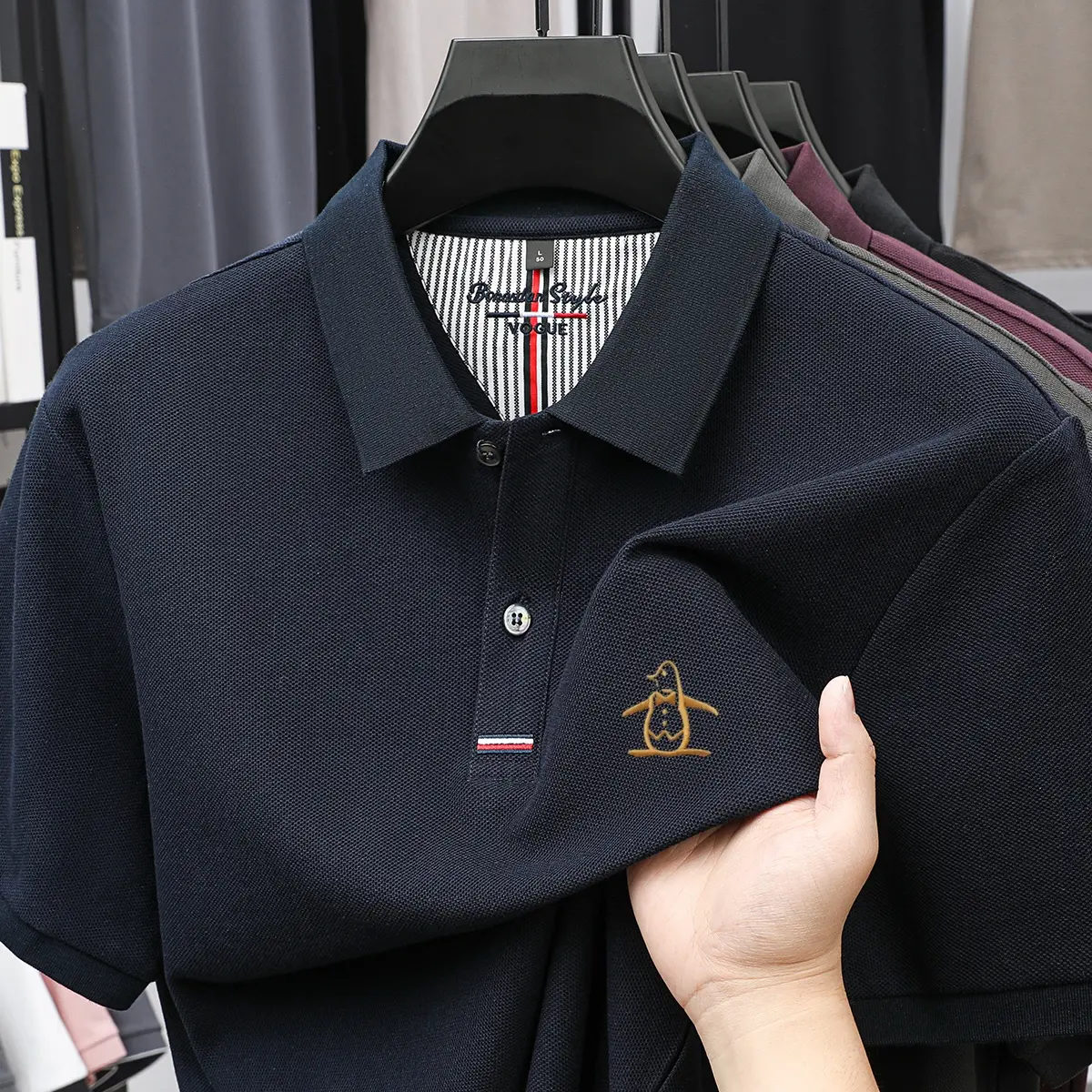 100% pure cotton summer new men's short sleeved polo shirt design high-end brand penguin embroidery business comfortable T-shirt