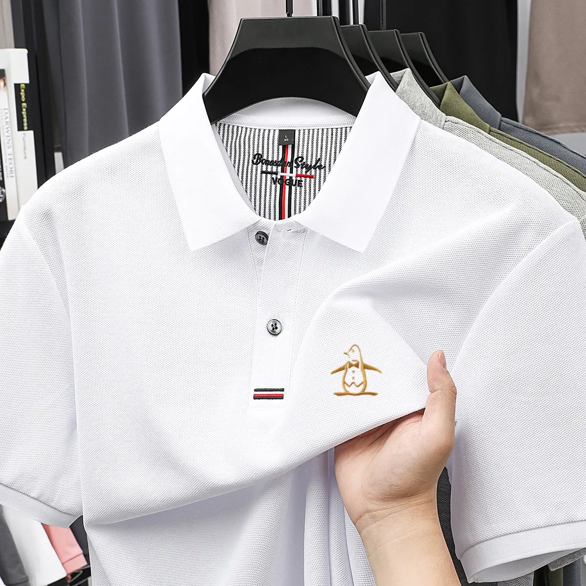 100% pure cotton summer new men's short sleeved polo shirt design high-end brand penguin embroidery business comfortable T-shirt