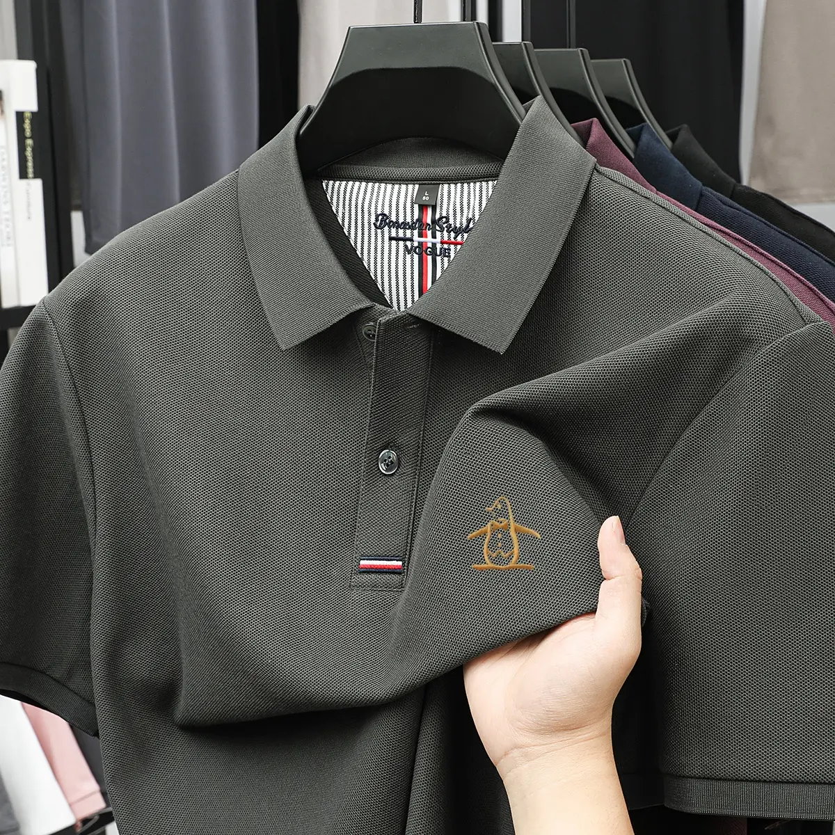 100% pure cotton summer new men's short sleeved polo shirt design high-end brand penguin embroidery business comfortable T-shirt