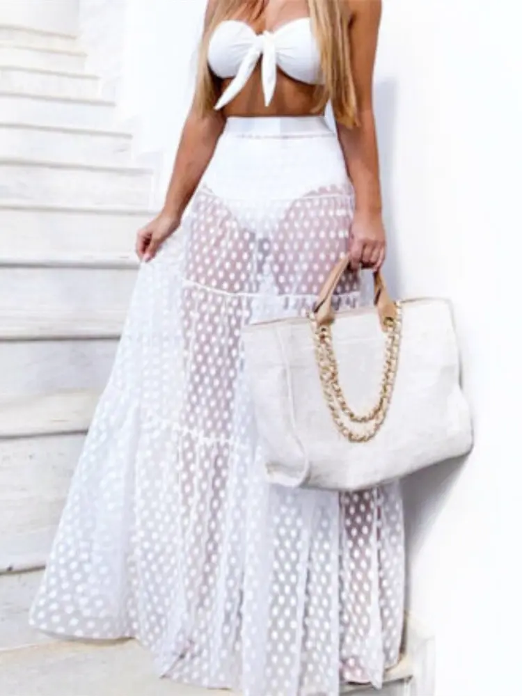Women Polka Dot Mesh Transparent Skirt High Waist Loose Pleated Long Skirts Summer Sexy Club Beach Cover-ups Skirt