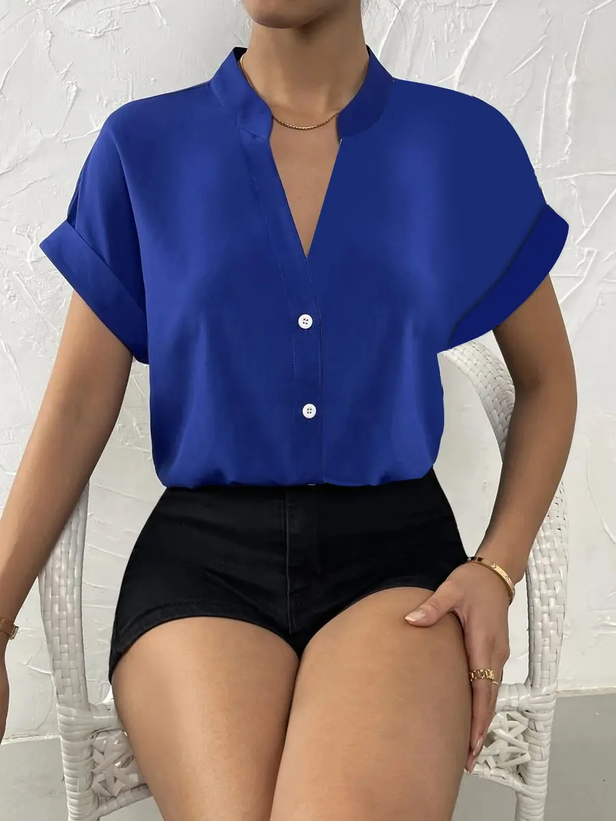 Women Solid Folds PU Leather Button Turn Down Collar Bodycon Working Black Blouse Tops