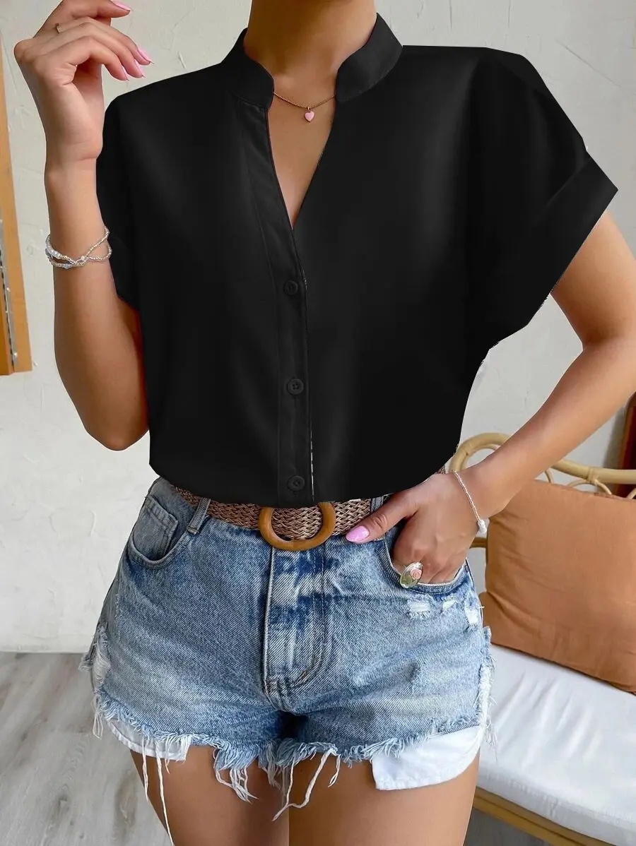 Women Solid Folds PU Leather Button Turn Down Collar Bodycon Working Black Blouse Tops