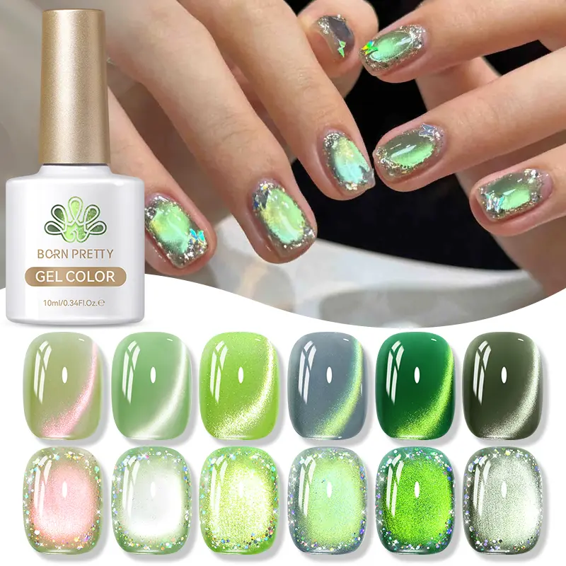 BORN PRETTY 10ml Green Summer Colored Cat Magnetic Gel Nail Polish Auroras Glitter Shine Soak Off UV Nail Art Syrup Varnish