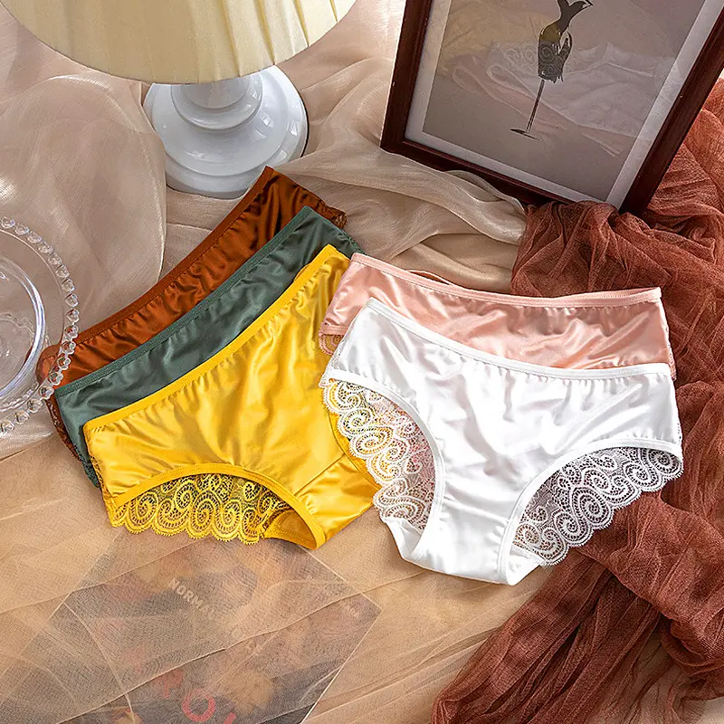 Lace Satin Panties For Women Sexy Silk Briefs Underwear Mid Waist Strap Bowknot Underpants Solid Breathable Seamless Lingerie