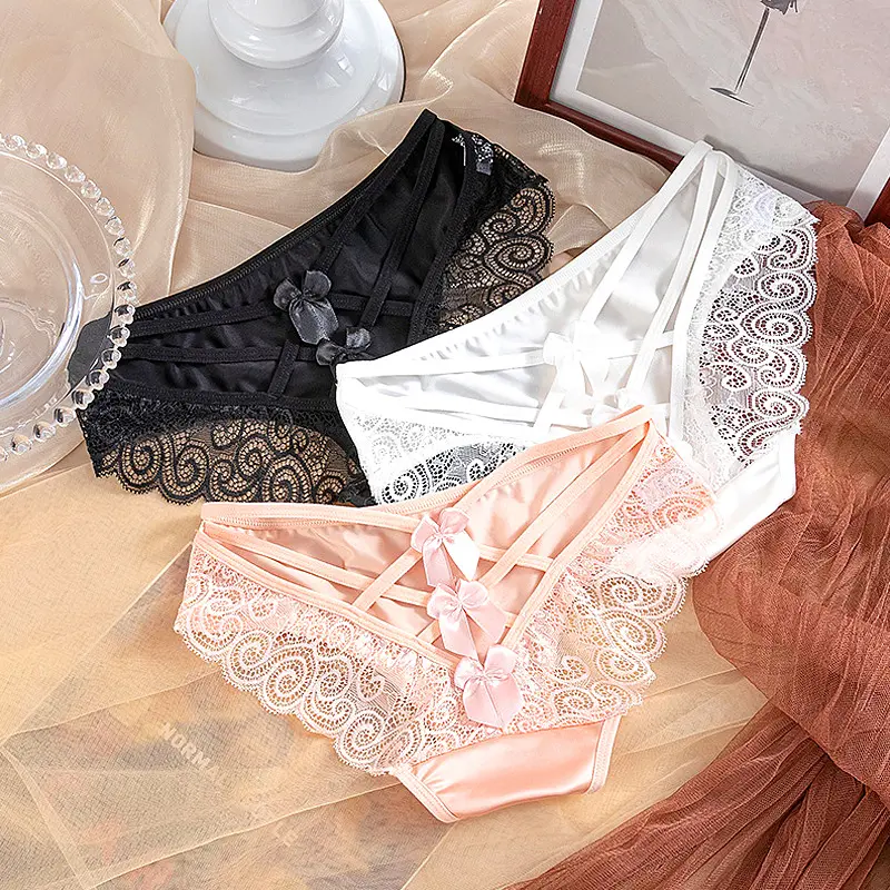 Lace Satin Panties For Women Sexy Silk Briefs Underwear Mid Waist Strap Bowknot Underpants Solid Breathable Seamless Lingerie