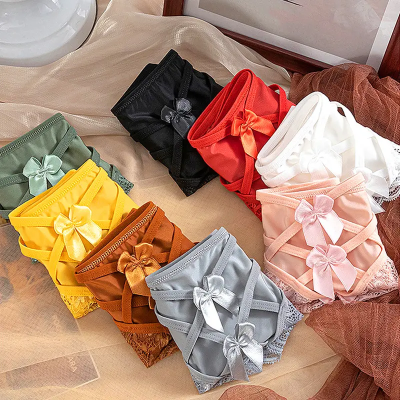 Lace Satin Panties For Women Sexy Silk Briefs Underwear Mid Waist Strap Bowknot Underpants Solid Breathable Seamless Lingerie