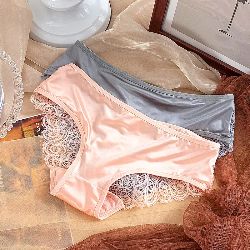 Lace Satin Panties For Women Sexy Silk Briefs Underwear Mid Waist Strap Bowknot Underpants Solid Breathable Seamless Lingerie