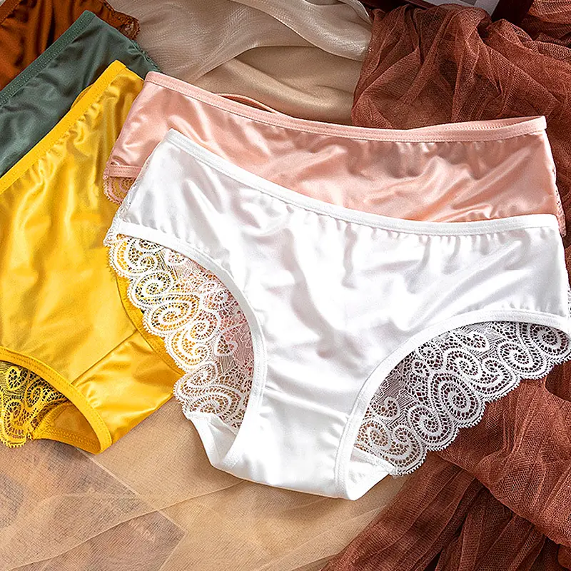 Lace Satin Panties For Women Sexy Silk Briefs Underwear Mid Waist Strap Bowknot Underpants Solid Breathable Seamless Lingerie